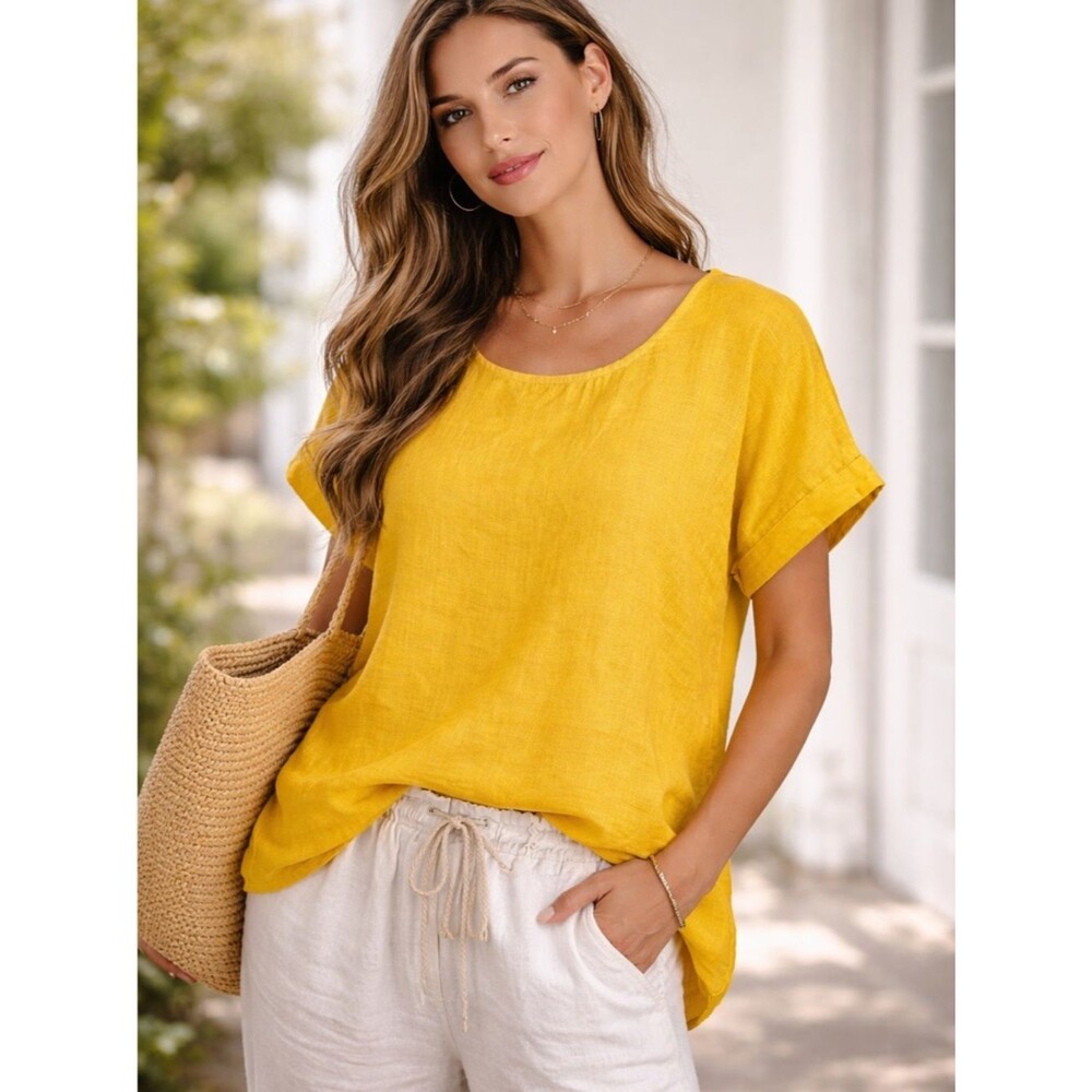 Terzo Millennio Yellow Linen Top Made in Italy Short Sleeve Blouse Size L